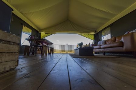 A low level view of the interior of the safari tent