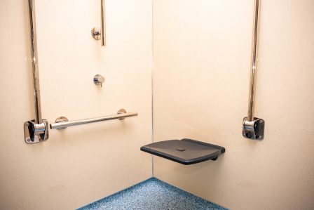 Image showing grey flip down shower chair and grab rails