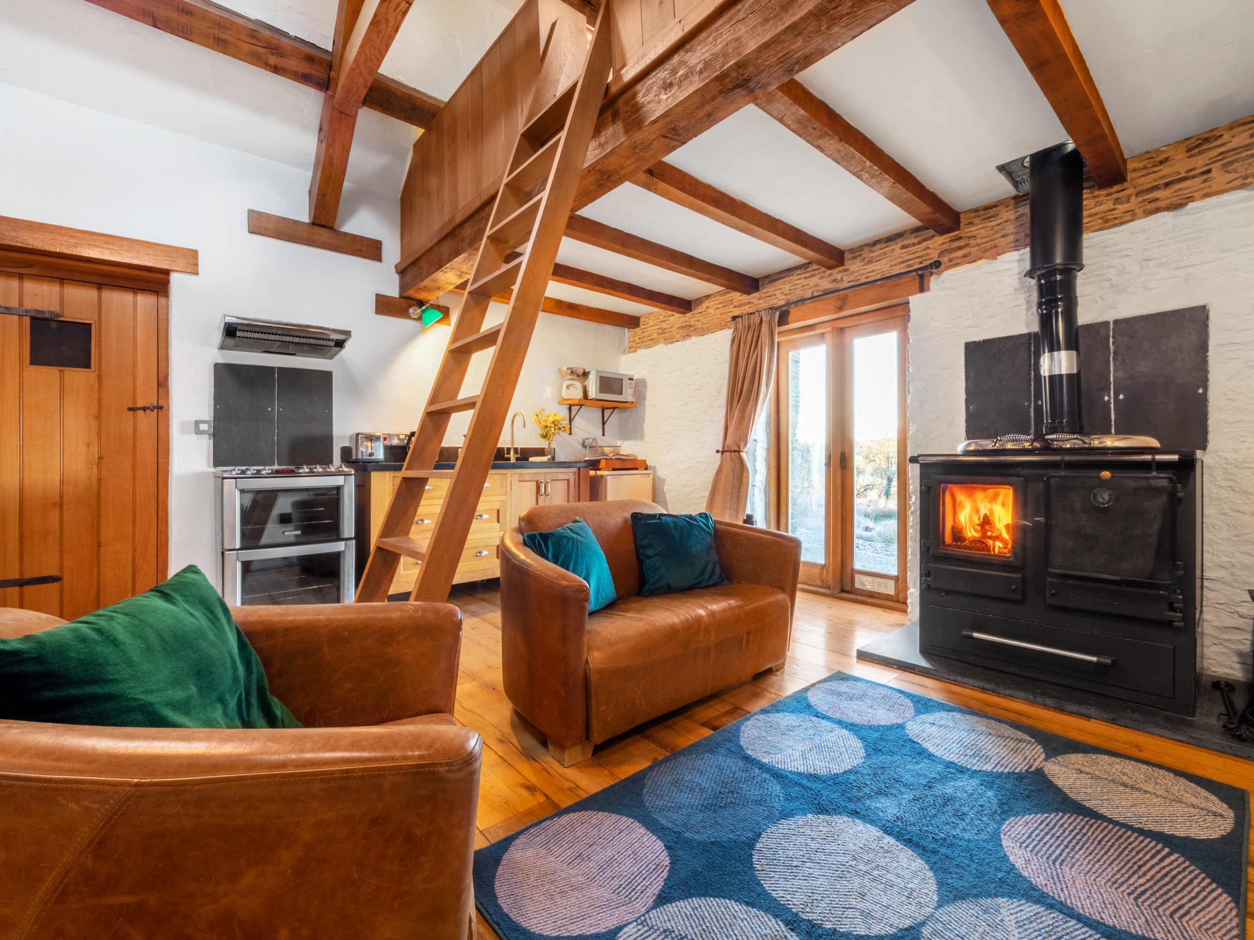 Living room with blue/green run with circles, a leather sofa and chair with a blazing fire and kitchen in the back ground. The the centre of the photo there is a ladder to a mezzanine level