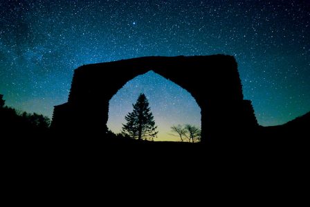 A dark sky is seen above the Hafod Arch in Ceredigion, stars litter the blue backdrop with the silhouette of trees visible